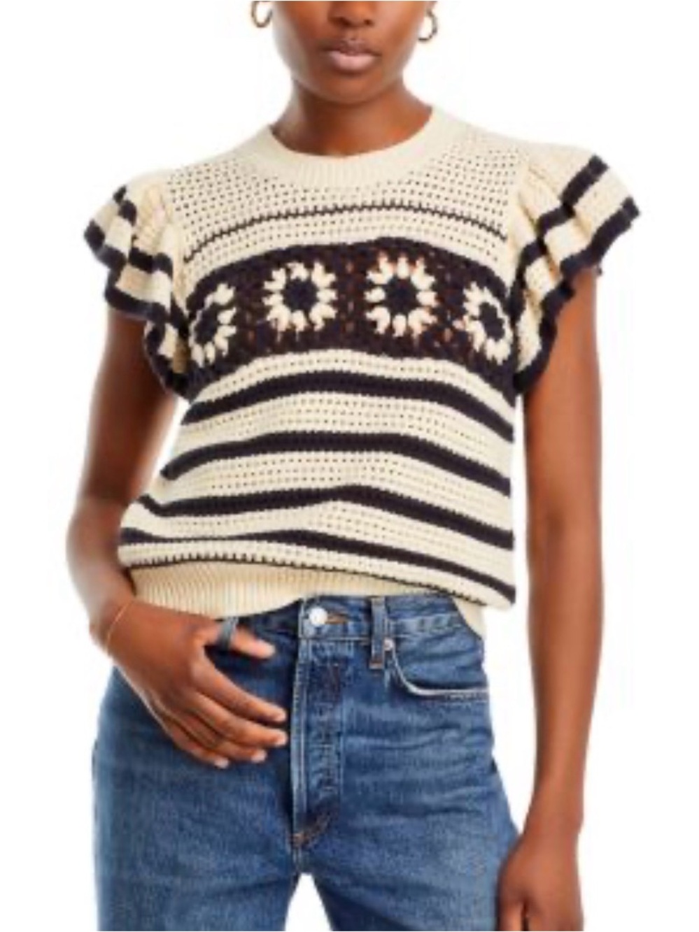 Rails Penelope Top Oat Navy Crochet Stripe Size Medium Like New